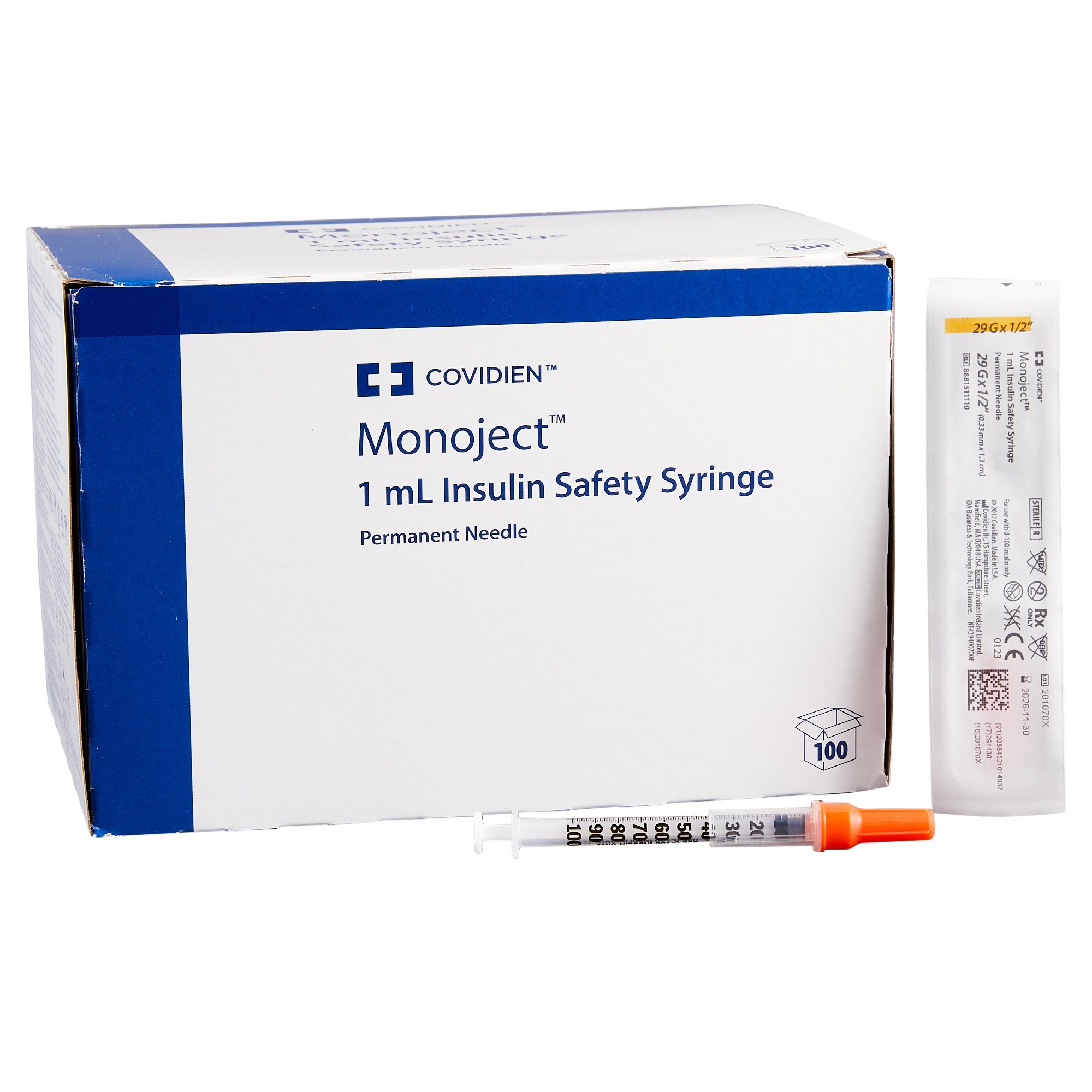 Syringe Safety Insulin Syringe with Needle Monoject™ 1 mL 1/2 Inch 29 Gauge Sliding Regular Wall (500/CS) by Cardinal  ID 8881511110